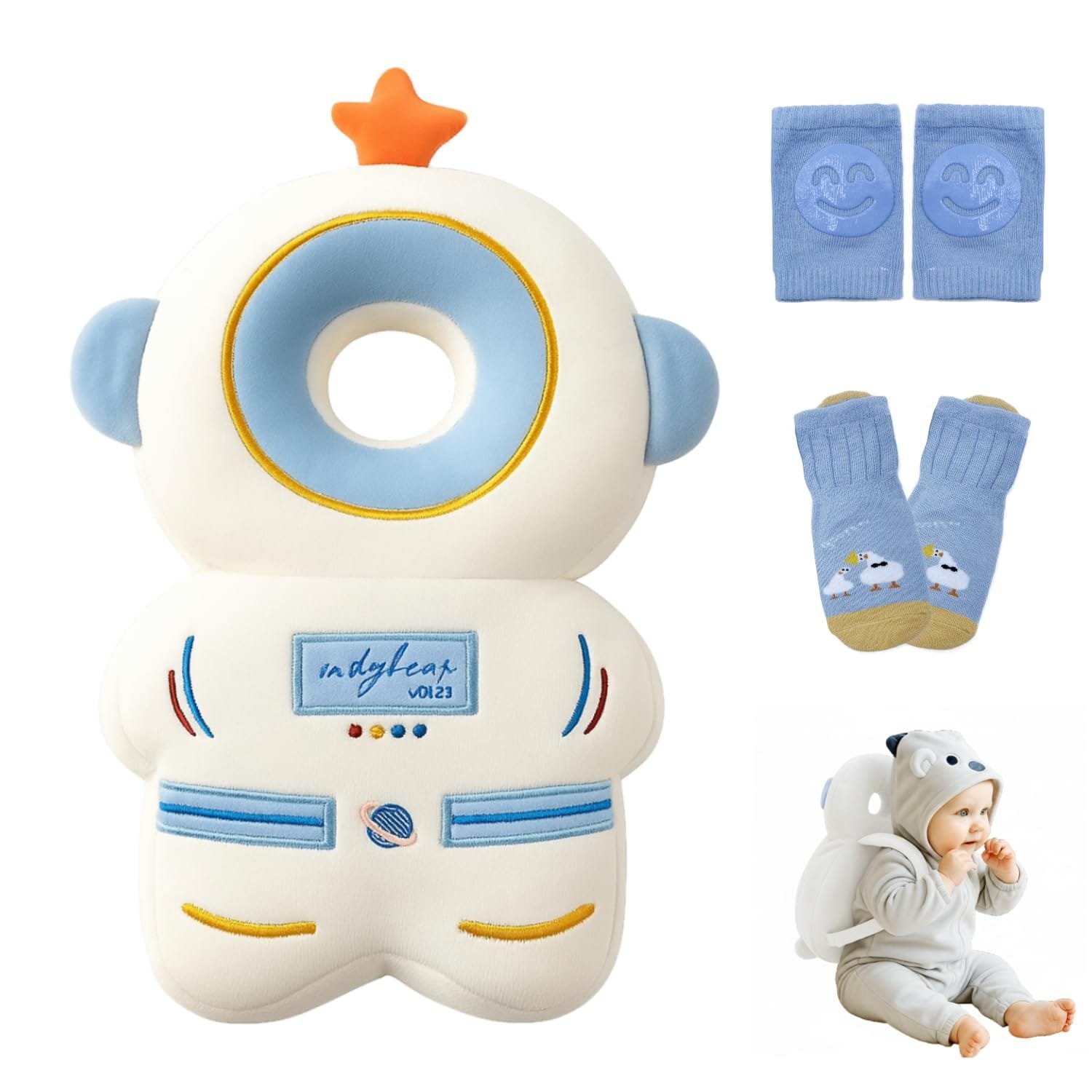 Baby Head Protector Backpack with a Pair of Non Slip Socks and Knee Pads, Baby Pillow Backpack for Falling, Crawling, Adjustable Toddler Head Protector for Infants 6–18 Months