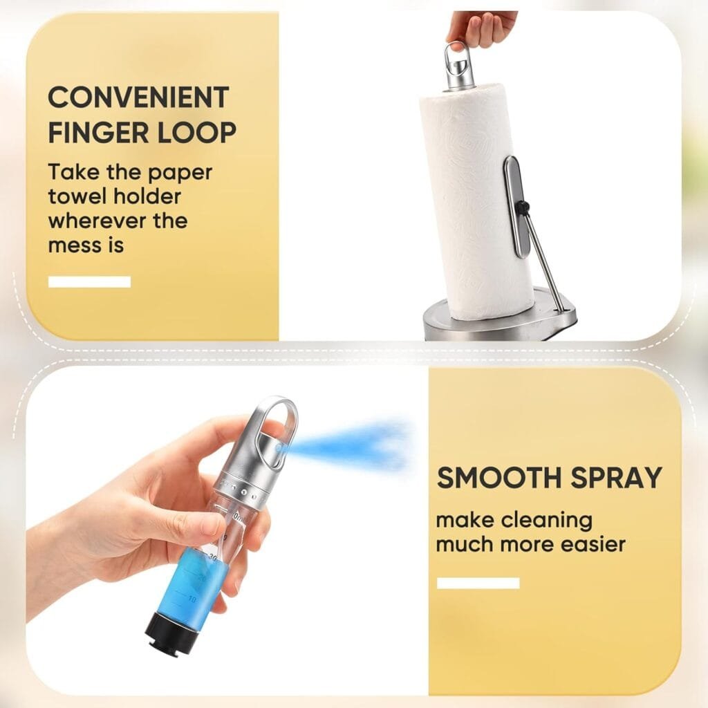 Paper Towel Holder with Spray Bottle for Kitchen Decor and Accessories - Paper Towel Holder Countertop for Kitchen Necessities - Freestanding Paper Towel.