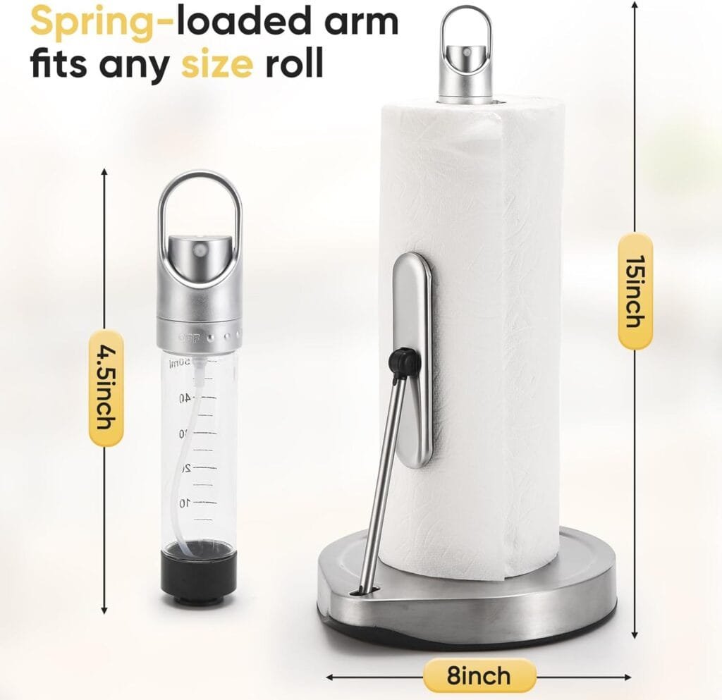 Paper Towel Holder with Spray Bottle for Kitchen Decor and Accessories - Paper Towel Holder Countertop for Kitchen Necessities - Freestanding Paper Towel.