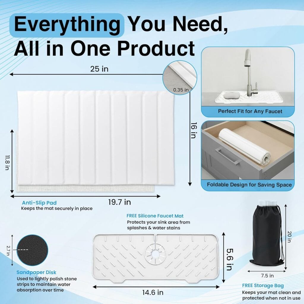 Large Stone Drying Mat for Kitchen Counter – 25"x16" Dish Drying Mat Complete Set, Quick Drying Stone Mat with Diatomaceous Earth, Faucet Mat, Anti-Slip Pad & Storage Bag (White)