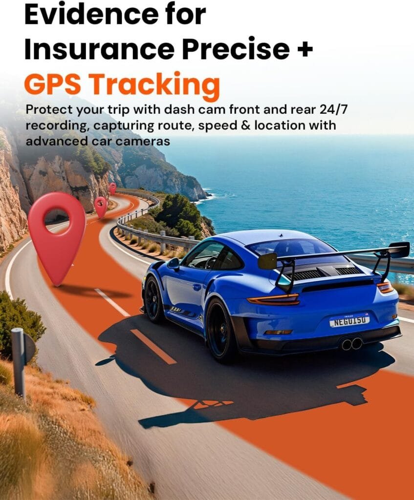 TORVO TD3 4K Dash Cam Front and Rear with App, Car Video Camera 4K+1080P with 5G WiFi Wireless & GPS, Free 64GB Card, Night Vision Dashcams, 24/7 Recording When Car is Off, Security Cameras for Cars