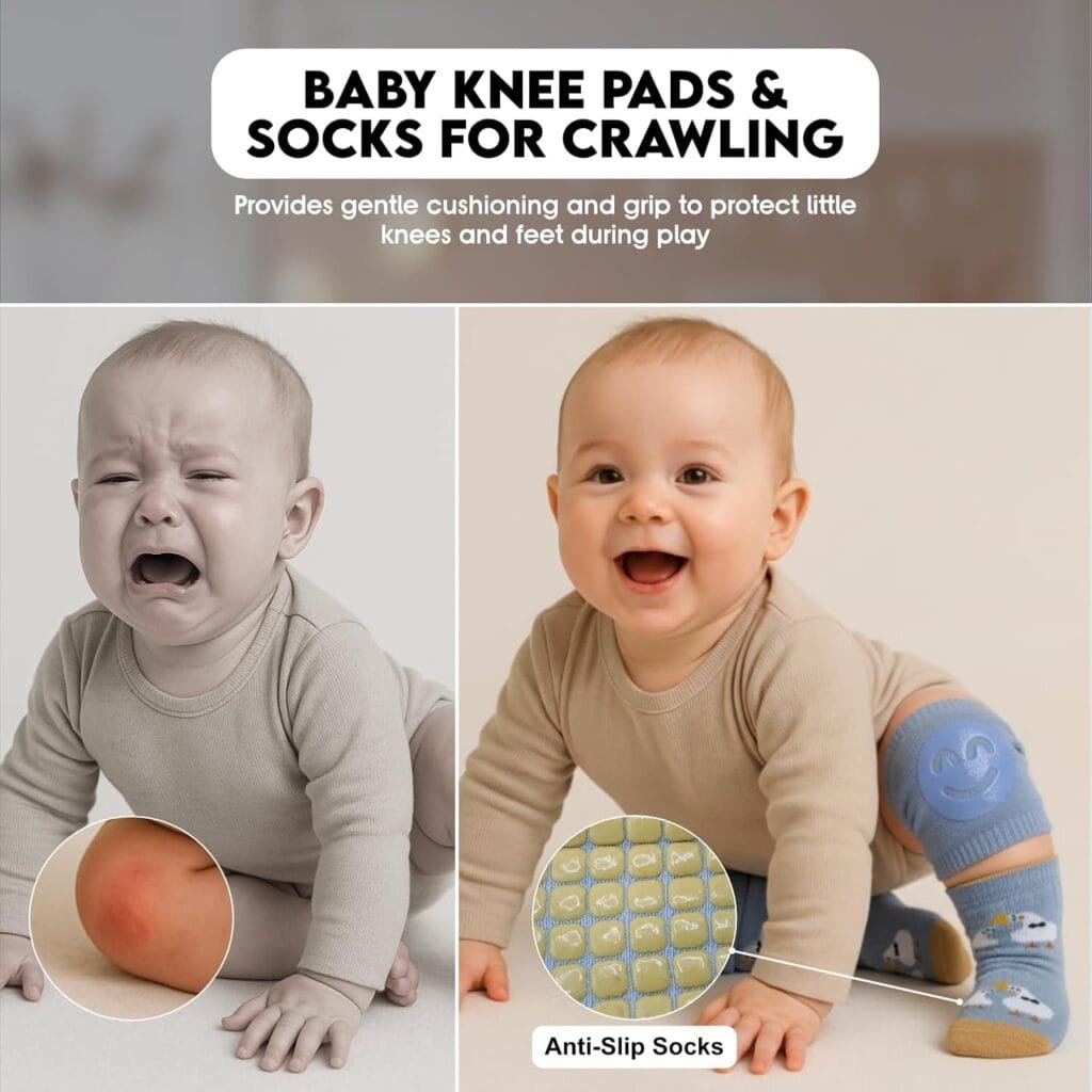 Baby Head Protector Backpack with a Pair of Non Slip Socks and Knee Pads, Baby Pillow Backpack for Falling, Crawling, Adjustable Toddler Head Protector for Infants 6–18 Months