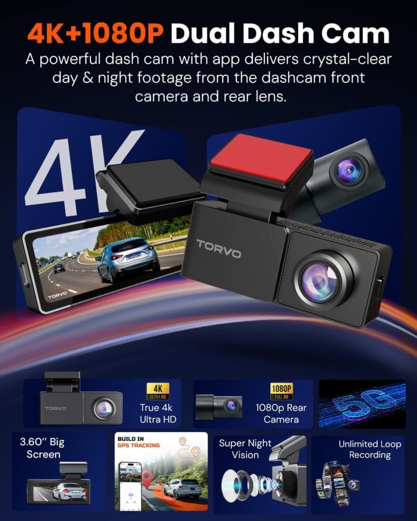 TORVO TD3 4K Dash Cam Front and Rear with App, Car Video Camera 4K+1080P with 5G WiFi Wireless & GPS, Free 64GB Card, Night Vision Dashcams, 24/7 Recording When Car is Off, Security Cameras for Cars