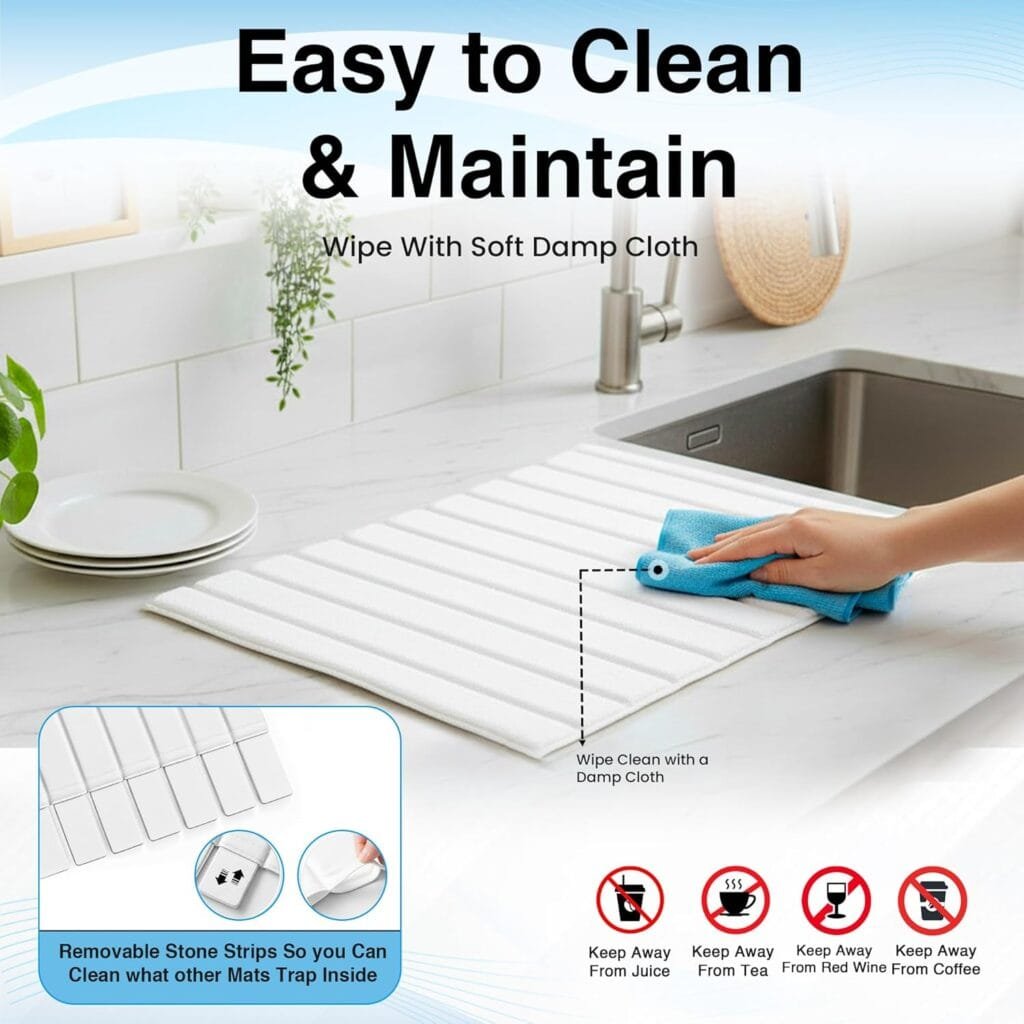 Large Stone Drying Mat for Kitchen Counter – 25"x16" Dish Drying Mat Complete Set, Quick Drying Stone Mat with Diatomaceous Earth, Faucet Mat, Anti-Slip Pad & Storage Bag (White)