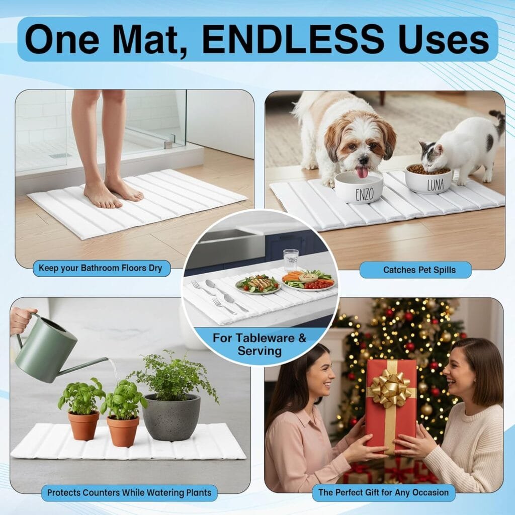 Large Stone Drying Mat for Kitchen Counter – 25"x16" Dish Drying Mat Complete Set, Quick Drying Stone Mat with Diatomaceous Earth, Faucet Mat, Anti-Slip Pad & Storage Bag (White)