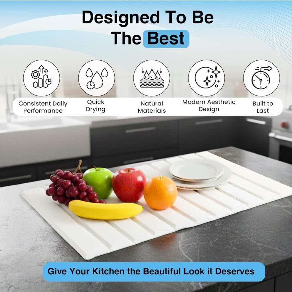 Large Stone Drying Mat for Kitchen Counter – 25"x16" Dish Drying Mat Complete Set, Quick Drying Stone Mat with Diatomaceous Earth, Faucet Mat, Anti-Slip Pad & Storage Bag (White)