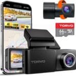 TORVO TD3 4K Dash Cam Front and Rear with App, Car Video Camera 4K+1080P with 5G WiFi Wireless & GPS, Free 64GB Card, Night Vision Dashcams, 24/7 Recording When Car is Off, Security Cameras for Cars