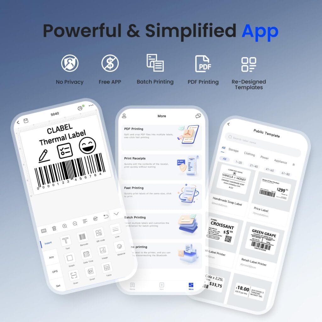 CLABEL Label Maker Machine with Tape, 221B Thermal Bluetooth Label Printer 2 Inch Portable Barcode Inkless Sticker for Small Business, Retail Office,Office, Home, Came with 1 Roll Label (Black)