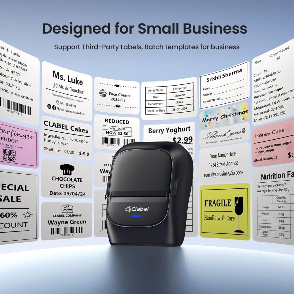 CLABEL Label Maker Machine with Tape, 221B Thermal Bluetooth Label Printer 2 Inch Portable Barcode Inkless Sticker for Small Business, Retail Office,Office, Home, Came with 1 Roll Label (Black)