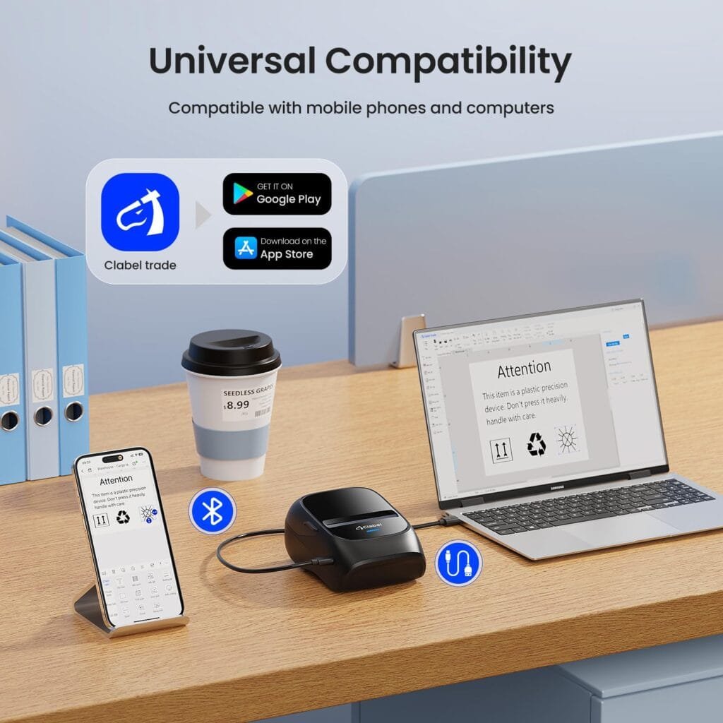 CLABEL Label Maker Machine with Tape, 221B Thermal Bluetooth Label Printer 2 Inch Portable Barcode Inkless Sticker for Small Business, Retail Office,Office, Home, Came with 1 Roll Label (Black)