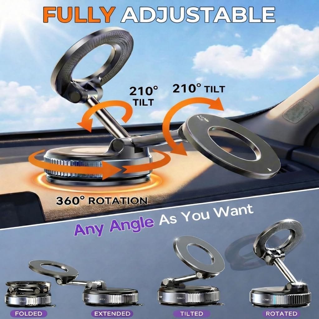 360 Adjustable Vacuum Magnetic Phone Holder for Car Dashboard – Suction Cup Magnetic Car Phone Mount for iPhone 17 Pro Max, Universal Hands Free Magnetic Cell Phone Holder - Picture 5