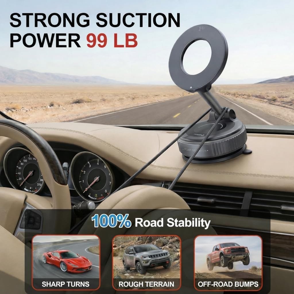 360 Adjustable Vacuum Magnetic Phone Holder for Car Dashboard – Suction Cup Magnetic Car Phone Mount for iPhone 17 Pro Max, Universal Hands Free Magnetic Cell Phone Holder - Picture 1