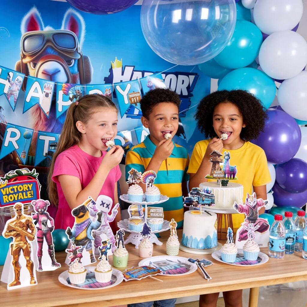 Partyfie - Premium Video Game Birthday Party Decorations Set, 130+ PCS Gamer Theme with Fabric Wall Poster, Balloons, Cake Toppers, Banner, Masks & Table Decor