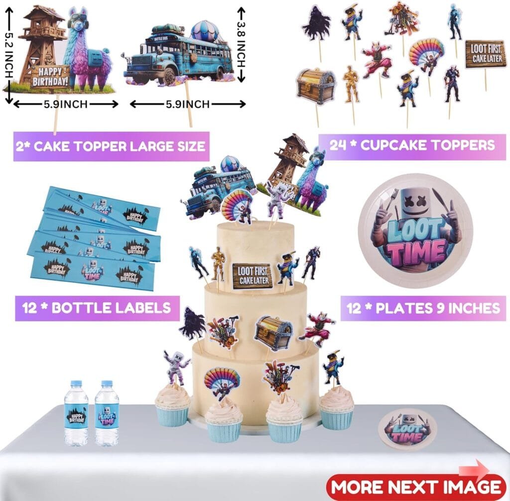 Partyfie - Premium Video Game Birthday Party Decorations Set, 130+ PCS Gamer Theme with Fabric Wall Poster, Balloons, Cake Toppers, Banner, Masks & Table Decor