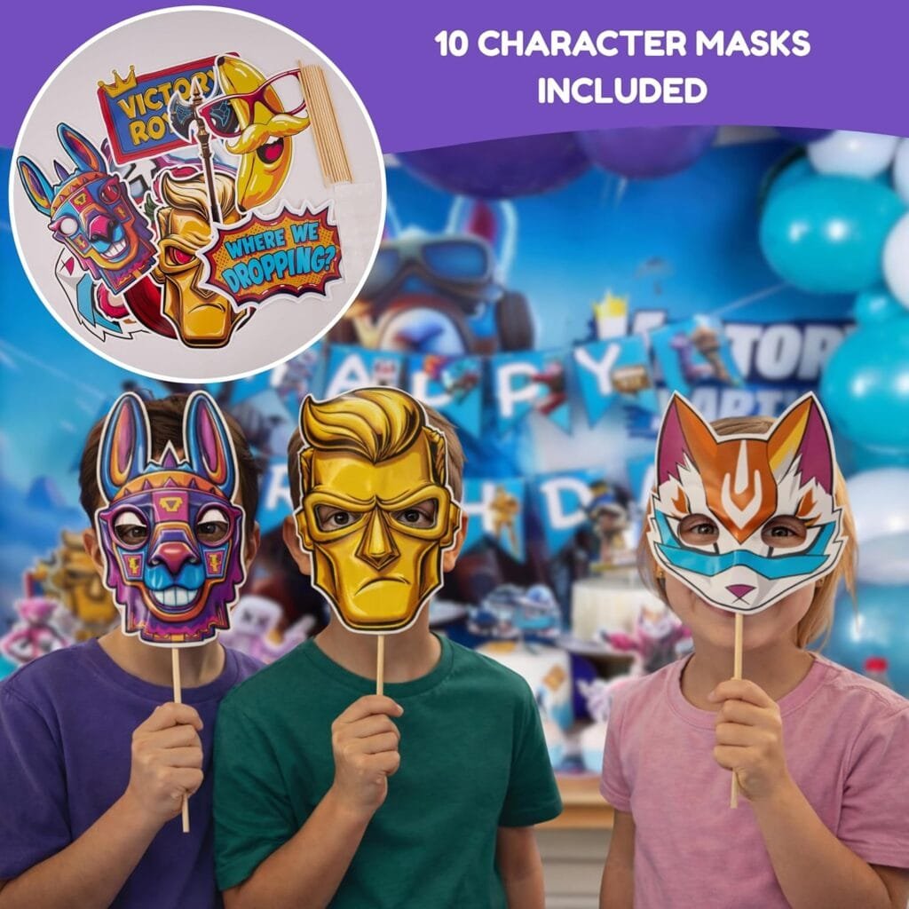 Partyfie - Premium Video Game Birthday Party Decorations Set, 130+ PCS Gamer Theme with Fabric Wall Poster, Balloons, Cake Toppers, Banner, Masks & Table Decor