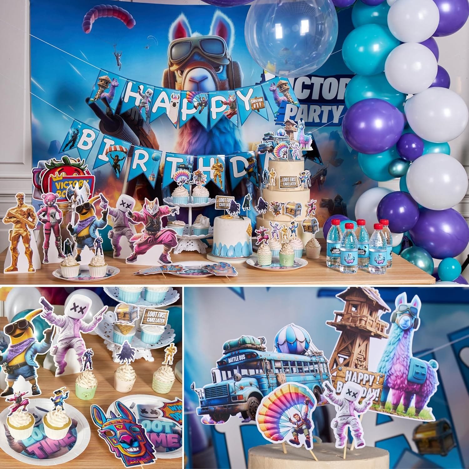 Partyfie - Premium Video Game Birthday Party Decorations Set, 130+ PCS Gamer Theme with Fabric Wall Poster, Balloons, Cake Toppers, Banner, Masks & Table Decor