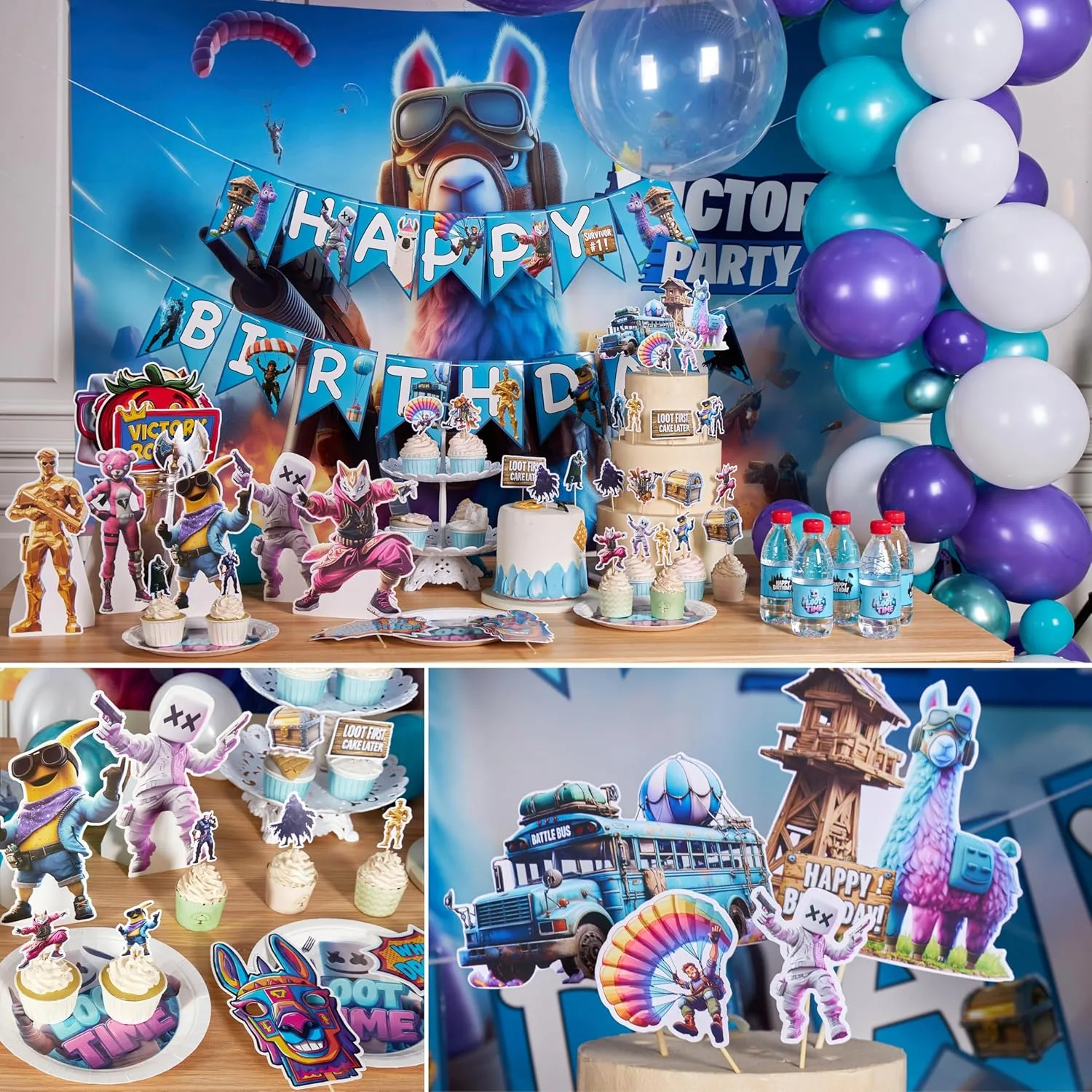 Partyfie - Premium Video Game Birthday Party Decorations Set, 130+ PCS Gamer Theme with Fabric Wall Poster, Balloons, Cake Toppers, Banner, Masks & Table Decor