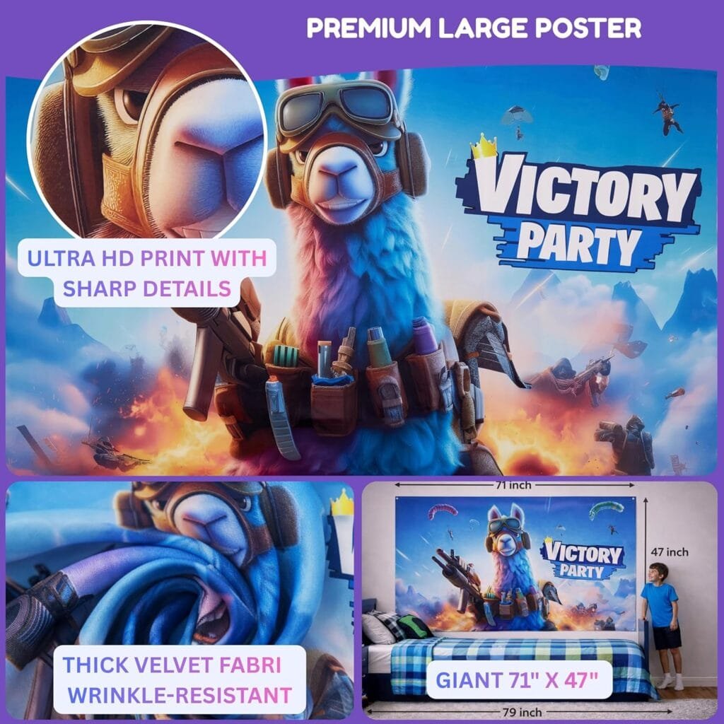 Partyfie - Premium Video Game Birthday Party Decorations Set, 130+ PCS Gamer Theme with Fabric Wall Poster, Balloons, Cake Toppers, Banner, Masks & Table Decor