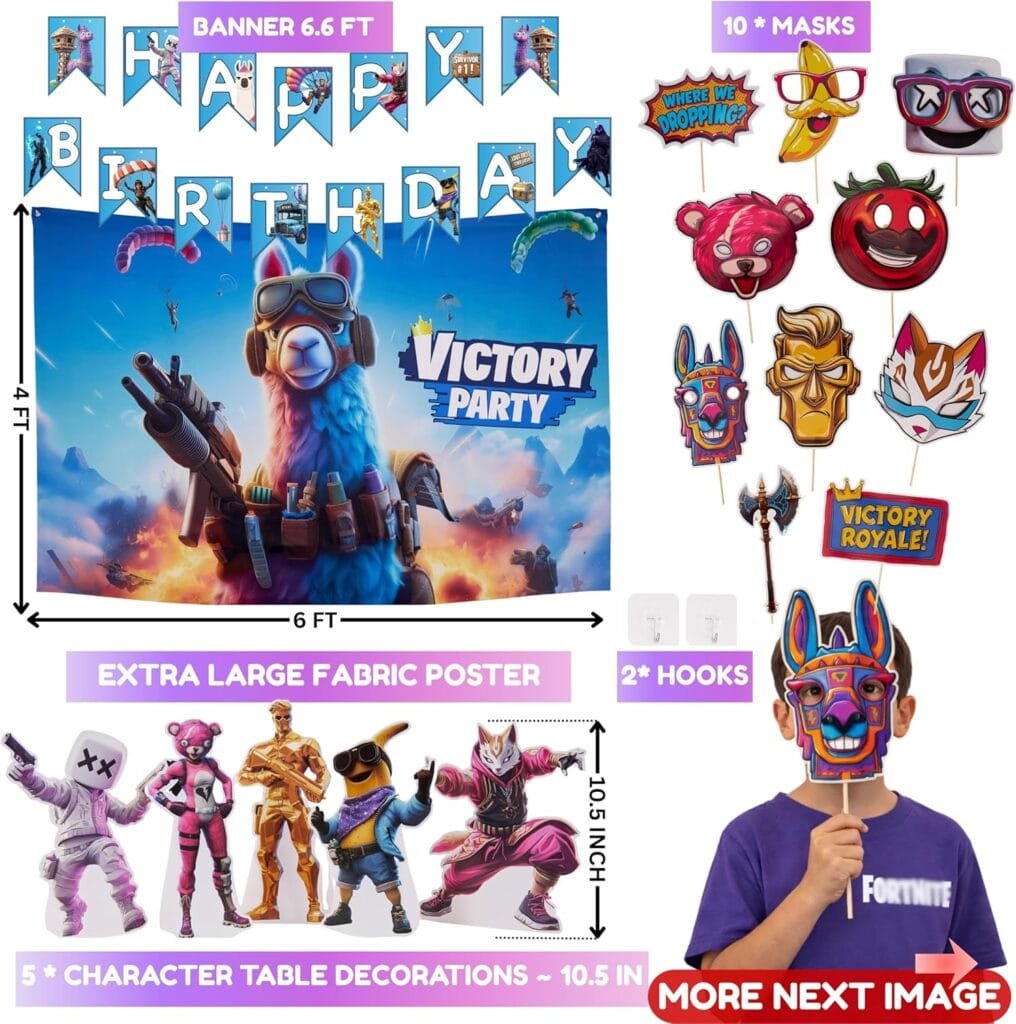 Partyfie - Premium Video Game Birthday Party Decorations Set, 130+ PCS Gamer Theme with Fabric Wall Poster, Balloons, Cake Toppers, Banner, Masks & Table Decor