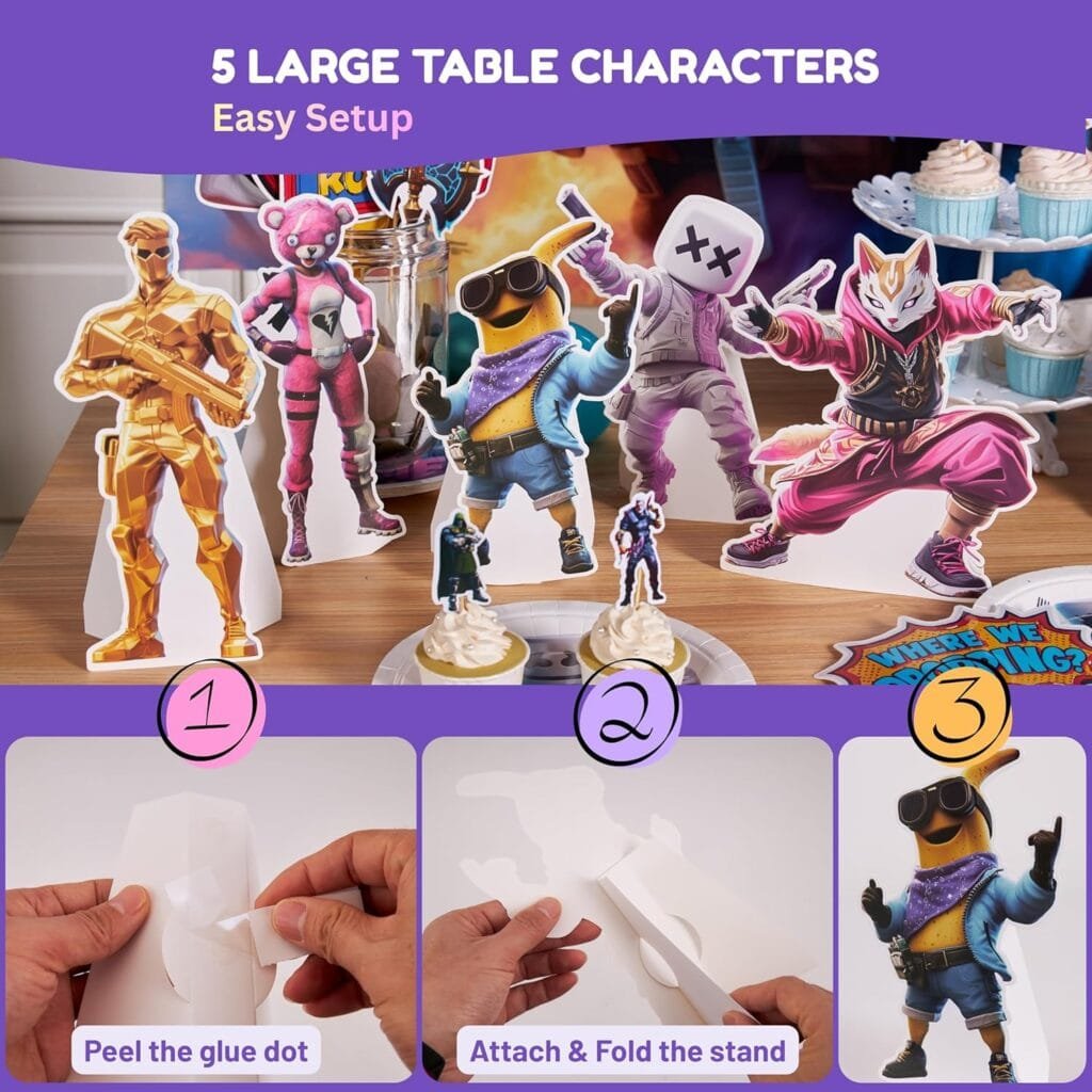 Partyfie - Premium Video Game Birthday Party Decorations Set, 130+ PCS Gamer Theme with Fabric Wall Poster, Balloons, Cake Toppers, Banner, Masks & Table Decor