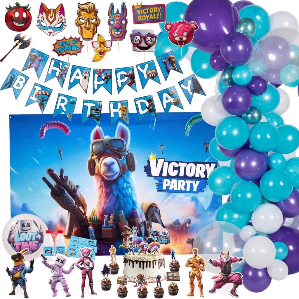 Partyfie - Premium Video Game Birthday Party Decorations Set, 130+ PCS Gamer Theme with Fabric Wall Poster, Balloons, Cake Toppers, Banner, Masks & Table Decor
