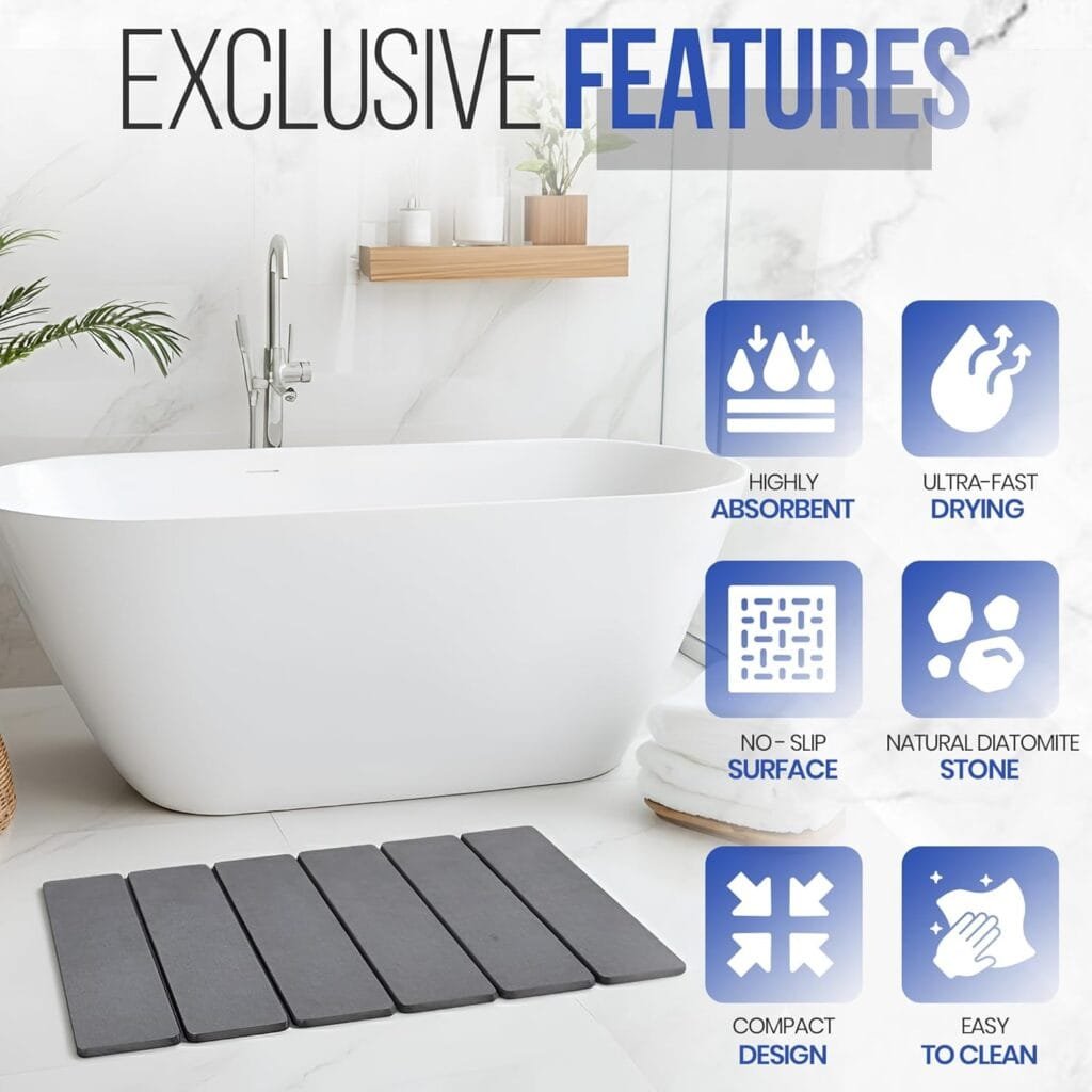 Foldable Diatomaceous Earth Bath Mat, Fast Drying Stone Bathroom Mat, Super Absorbent & Non-Slip, Compact Easy Storage, 23.6 x 15.35 Inch, Grey - Image 8