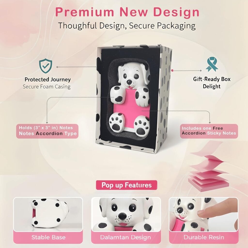 Dog Post it Note Dispenser for Desk Accessories - Pop Up Sticky Note Dispenser - Dog Sticky Note Holder Cute for Coworker & School Desk - Resin Made - Holds 3"x 3" Accordion Notes - Dalmatian Gift