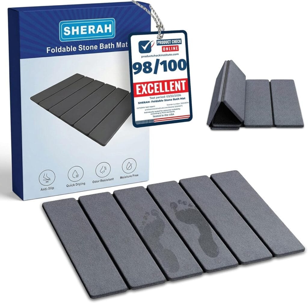 Foldable Diatomaceous Earth Bath Mat, Fast Drying Stone Bathroom Mat, Super Absorbent & Non-Slip, Compact Easy Storage, 23.6 x 15.35 Inch, Grey - Image 1