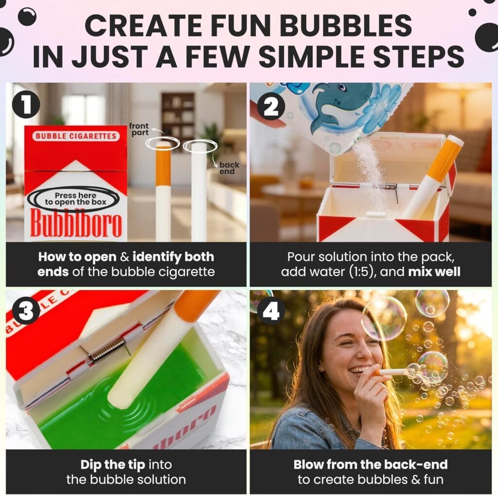 Bubble Blower Stress Relief Set - Bubble Pack Set with 6 Blowing Sticks, Refillable Bubble Solution Bottle & 2 Refills Sachets - Fun Party Gift for Adults - Image 4
