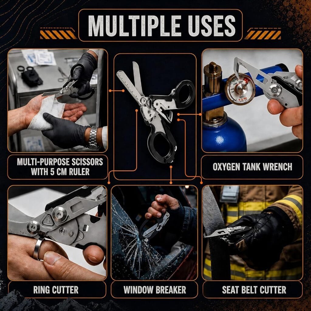 Heavy Duty Multifunctional Trauma Shears, 6 in 1 Folding Raptor Shears with Glass Breaker, Strap Cutter & Oxygen Wrench, EMT Medical Scissors with Bottle Opener Keychain Multitool Image 6