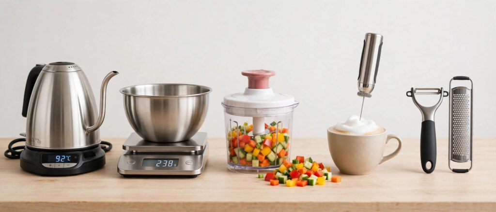 Best small kitchen gadgets 2026 comparison: gooseneck kettle, digital scale, vegetable chopper, milk frother, peeler and zester set