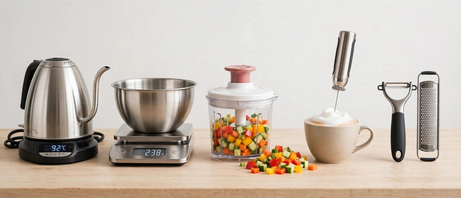 Best small kitchen gadgets 2026 comparison: gooseneck kettle, digital scale, vegetable chopper, milk frother, peeler and zester set