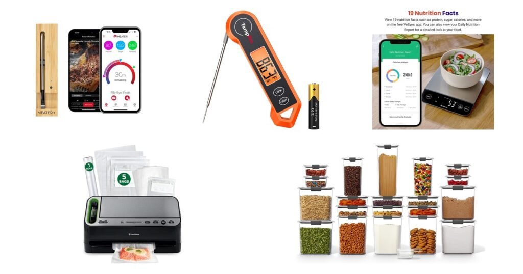 Best kitchen thermometer 2026 comparison: MEATER Plus wireless thermometer, ThermoPro TempSwift instant read, Etekcity smart nutrition scale, FoodSaver vacuum sealer and Rubbermaid Brilliance storage