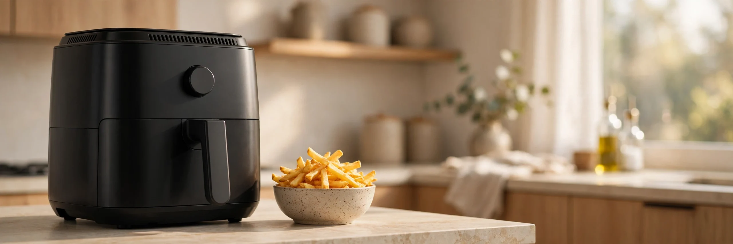 Modern kitchen counter with a black digital air fryer and crispy fries